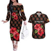 Uganda Couples Matching Off The Shoulder Long Sleeve Dress and Hawaiian Shirt with Hibiscus Flower Pattern and The Pearl of Africa Text