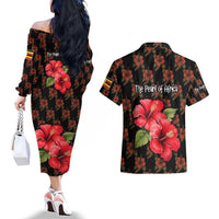 Uganda Couples Matching Off The Shoulder Long Sleeve Dress and Hawaiian Shirt with Hibiscus Flower Pattern and The Pearl of Africa Text