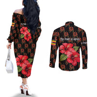 Uganda Couples Matching Off The Shoulder Long Sleeve Dress and Long Sleeve Button Shirt with Hibiscus Flower Pattern and The Pearl of Africa Text