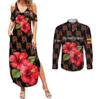 Uganda Couples Matching Summer Maxi Dress and Long Sleeve Button Shirt with Hibiscus Flower Pattern and The Pearl of Africa Text