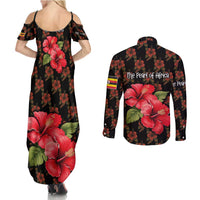 Uganda Couples Matching Summer Maxi Dress and Long Sleeve Button Shirt with Hibiscus Flower Pattern and The Pearl of Africa Text