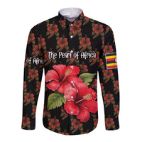 Uganda Long Sleeve Button Shirt with Hibiscus Flower Pattern and The Pearl of Africa Text