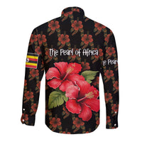 Uganda Long Sleeve Button Shirt with Hibiscus Flower Pattern and The Pearl of Africa Text