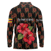 Uganda Long Sleeve Polo Shirt with Hibiscus Flower Pattern and The Pearl of Africa Text