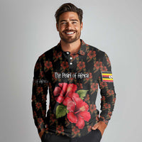 Uganda Long Sleeve Polo Shirt with Hibiscus Flower Pattern and The Pearl of Africa Text