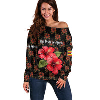 Uganda Off Shoulder Sweater with Hibiscus Flower Pattern and The Pearl of Africa Text