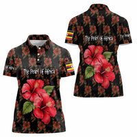 Uganda Women Polo Shirt with Hibiscus Flower Pattern and The Pearl of Africa Text