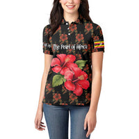 Uganda Women Polo Shirt with Hibiscus Flower Pattern and The Pearl of Africa Text