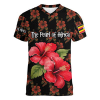 Uganda Women V-Neck T-Shirt with Hibiscus Flower Pattern and The Pearl of Africa Text