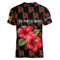 Uganda Women V-Neck T-Shirt with Hibiscus Flower Pattern and The Pearl of Africa Text