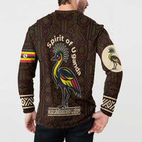Uganda Button Sweatshirt with Grey Crowned Crane and Tribal Pattern Spirit of Uganda Theme