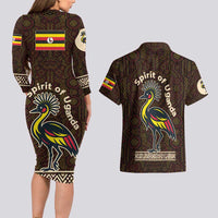 Uganda Couples Matching Long Sleeve Bodycon Dress and Hawaiian Shirt with Grey Crowned Crane and Tribal Pattern Spirit of Uganda Theme