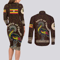 Uganda Couples Matching Long Sleeve Bodycon Dress and Long Sleeve Button Shirt with Grey Crowned Crane and Tribal Pattern Spirit of Uganda Theme