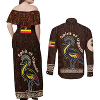 Uganda Couples Matching Off Shoulder Maxi Dress and Long Sleeve Button Shirt with Grey Crowned Crane and Tribal Pattern Spirit of Uganda Theme