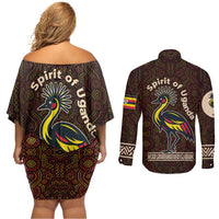 Uganda Couples Matching Off Shoulder Short Dress and Long Sleeve Button Shirt with Grey Crowned Crane and Tribal Pattern Spirit of Uganda Theme