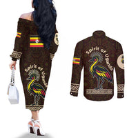 Uganda Couples Matching Off The Shoulder Long Sleeve Dress and Long Sleeve Button Shirt with Grey Crowned Crane and Tribal Pattern Spirit of Uganda Theme