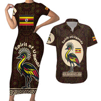 Uganda Couples Matching Short Sleeve Bodycon Dress and Hawaiian Shirt with Grey Crowned Crane and Tribal Pattern Spirit of Uganda Theme