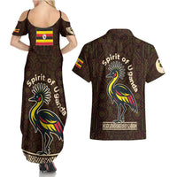 Uganda Couples Matching Summer Maxi Dress and Hawaiian Shirt with Grey Crowned Crane and Tribal Pattern Spirit of Uganda Theme