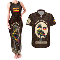 Uganda Couples Matching Tank Maxi Dress and Hawaiian Shirt with Grey Crowned Crane and Tribal Pattern Spirit of Uganda Theme