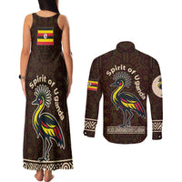 Uganda Couples Matching Tank Maxi Dress and Long Sleeve Button Shirt with Grey Crowned Crane and Tribal Pattern Spirit of Uganda Theme
