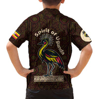 Uganda Family Matching Off The Shoulder Long Sleeve Dress and Hawaiian Shirt with Grey Crowned Crane and Tribal Pattern Spirit of Uganda Theme