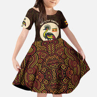 Uganda Family Matching Off The Shoulder Long Sleeve Dress and Hawaiian Shirt with Grey Crowned Crane and Tribal Pattern Spirit of Uganda Theme