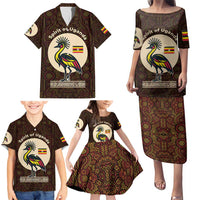 Uganda Family Matching Puletasi and Hawaiian Shirt with Grey Crowned Crane and Tribal Pattern Spirit of Uganda Theme