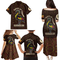 Uganda Family Matching Puletasi and Hawaiian Shirt with Grey Crowned Crane and Tribal Pattern Spirit of Uganda Theme