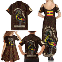 Uganda Family Matching Summer Maxi Dress and Hawaiian Shirt with Grey Crowned Crane and Tribal Pattern Spirit of Uganda Theme
