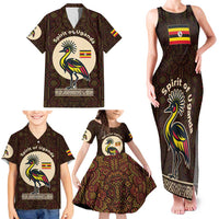 Uganda Family Matching Tank Maxi Dress and Hawaiian Shirt with Grey Crowned Crane and Tribal Pattern Spirit of Uganda Theme