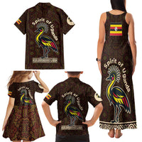 Uganda Family Matching Tank Maxi Dress and Hawaiian Shirt with Grey Crowned Crane and Tribal Pattern Spirit of Uganda Theme
