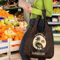 Uganda Grocery Bag with Grey Crowned Crane and Tribal Pattern Spirit of Uganda Theme