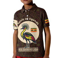 Uganda Kid Polo Shirt with Grey Crowned Crane and Tribal Pattern Spirit of Uganda Theme