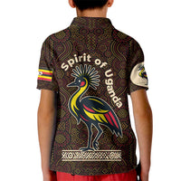 Uganda Kid Polo Shirt with Grey Crowned Crane and Tribal Pattern Spirit of Uganda Theme