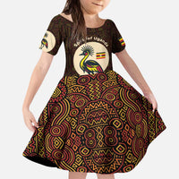 Uganda Kid Short Sleeve Dress with Grey Crowned Crane and Tribal Pattern Spirit of Uganda Theme