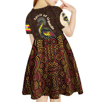 Uganda Kid Short Sleeve Dress with Grey Crowned Crane and Tribal Pattern Spirit of Uganda Theme