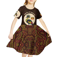 Uganda Kid Short Sleeve Dress with Grey Crowned Crane and Tribal Pattern Spirit of Uganda Theme