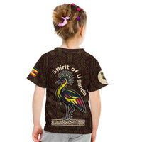 Uganda Kid T Shirt with Grey Crowned Crane and Tribal Pattern Spirit of Uganda Theme