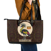 Uganda Leather Tote Bag with Grey Crowned Crane and Tribal Pattern Spirit of Uganda Theme