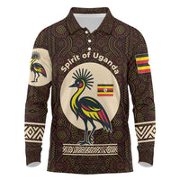 Uganda Long Sleeve Polo Shirt with Grey Crowned Crane and Tribal Pattern Spirit of Uganda Theme