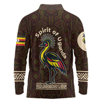 Uganda Long Sleeve Polo Shirt with Grey Crowned Crane and Tribal Pattern Spirit of Uganda Theme