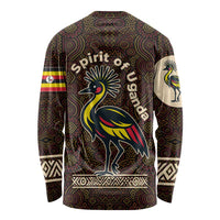 Uganda Long Sleeve Shirt with Grey Crowned Crane and Tribal Pattern Spirit of Uganda Theme