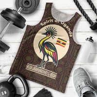 Uganda Men Tank Top with Grey Crowned Crane and Tribal Pattern Spirit of Uganda Theme