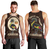 Uganda Men Tank Top with Grey Crowned Crane and Tribal Pattern Spirit of Uganda Theme