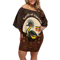 Uganda Off Shoulder Short Dress with Grey Crowned Crane and Tribal Pattern Spirit of Uganda Theme