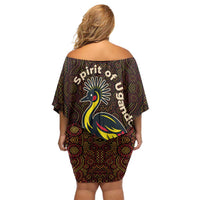 Uganda Off Shoulder Short Dress with Grey Crowned Crane and Tribal Pattern Spirit of Uganda Theme