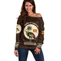Uganda Off Shoulder Sweater with Grey Crowned Crane and Tribal Pattern Spirit of Uganda Theme
