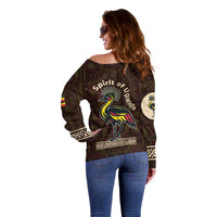 Uganda Off Shoulder Sweater with Grey Crowned Crane and Tribal Pattern Spirit of Uganda Theme