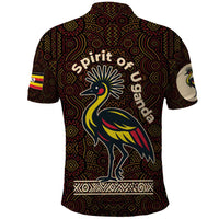 Uganda Polo Shirt with Grey Crowned Crane and Tribal Pattern Spirit of Uganda Theme