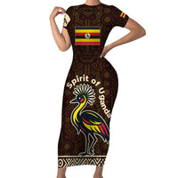 Uganda Short Sleeve Bodycon Dress with Grey Crowned Crane and Tribal Pattern Spirit of Uganda Theme